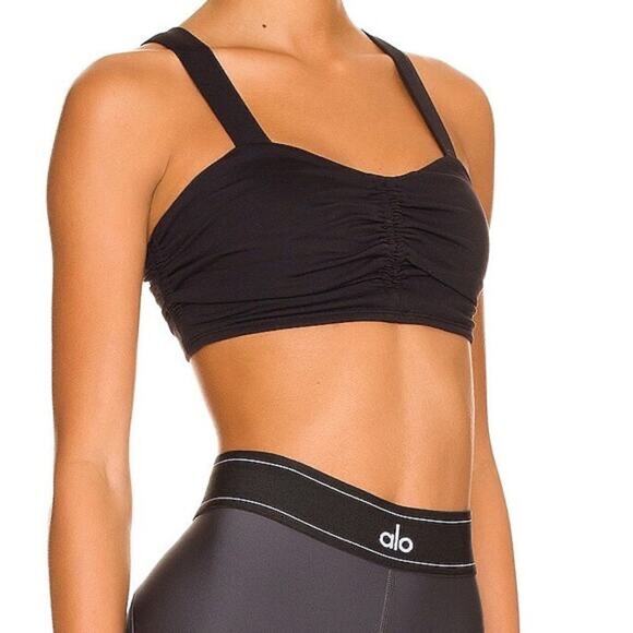 Alo Yoga Airbrush Cinch Bra Black Ruched Front Sculpting Sports Bra Small Active - Picture 3 of 7